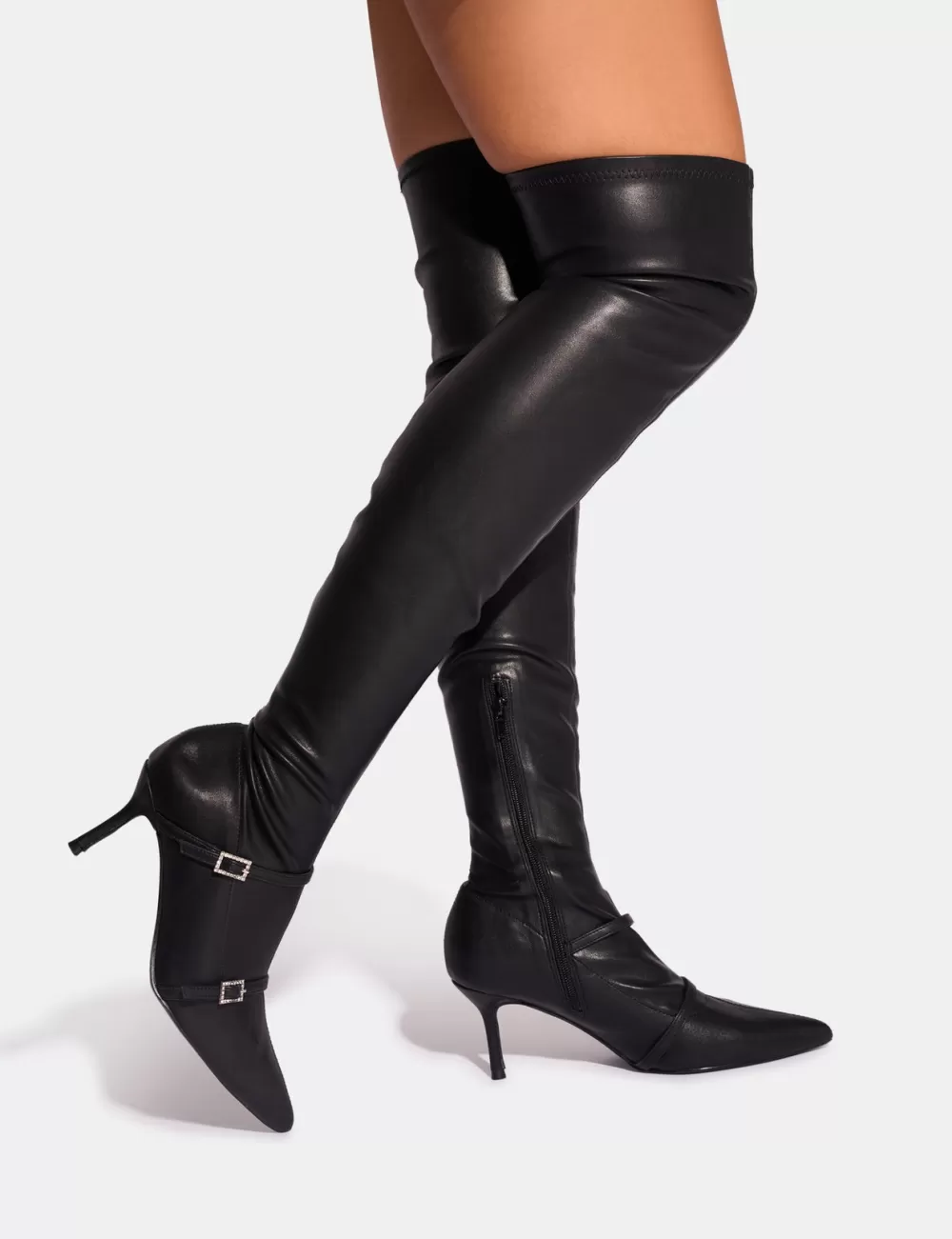 Outlet Public Desire Roulette Pointed Toe Diamante Buckle Mid Heel Over The Knee Sock Boots Black