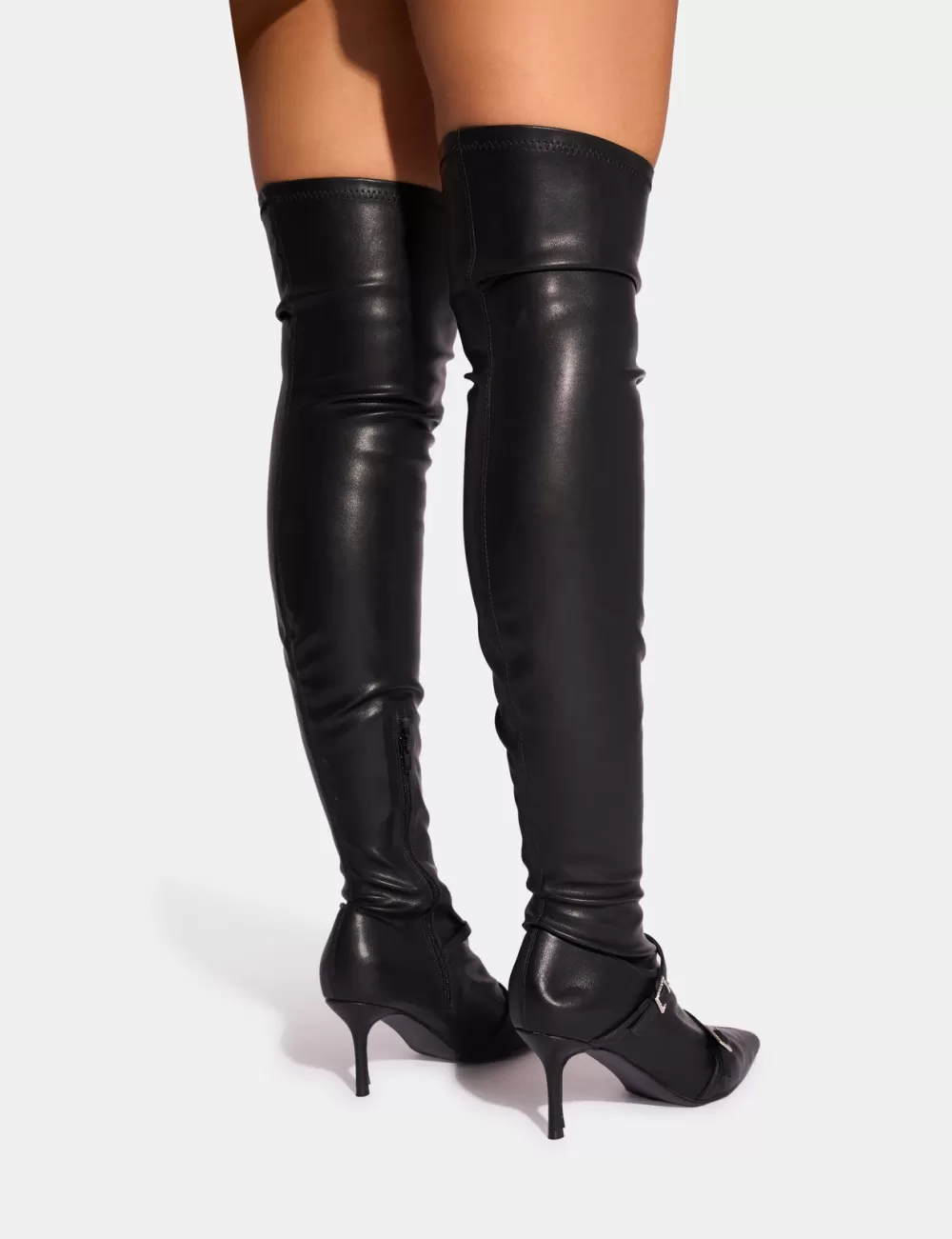 Outlet Public Desire Roulette Pointed Toe Diamante Buckle Mid Heel Over The Knee Sock Boots Black