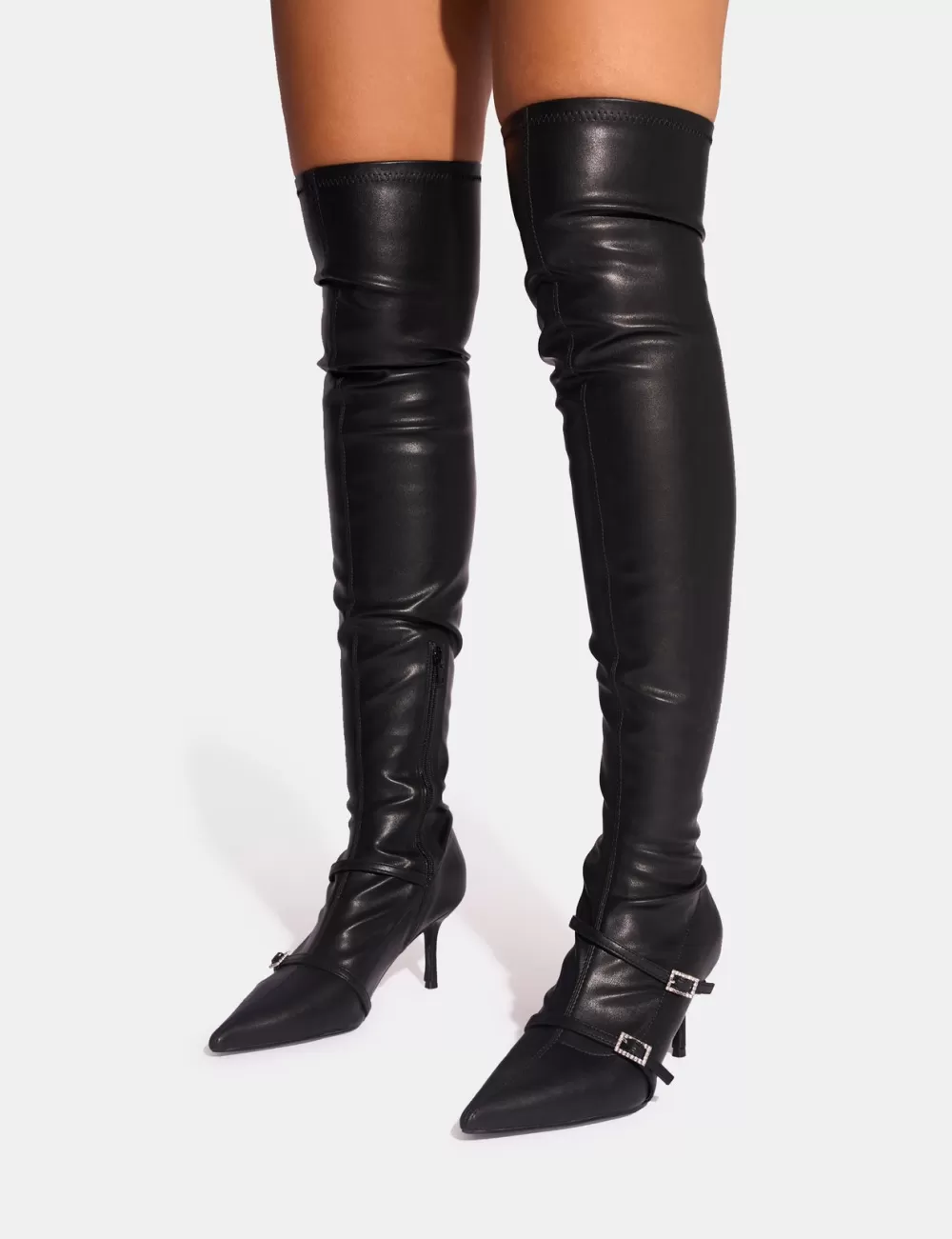 Outlet Public Desire Roulette Pointed Toe Diamante Buckle Mid Heel Over The Knee Sock Boots Black