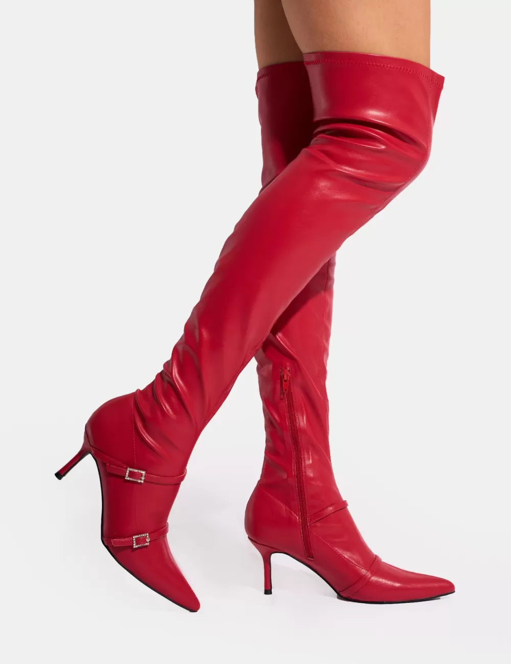 Outlet Public Desire Roulette Pointed Toe Diamante Buckle Mid Heel Over The Knee Sock Boots Red
