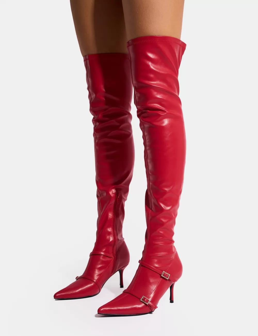 Outlet Public Desire Roulette Pointed Toe Diamante Buckle Mid Heel Over The Knee Sock Boots Red