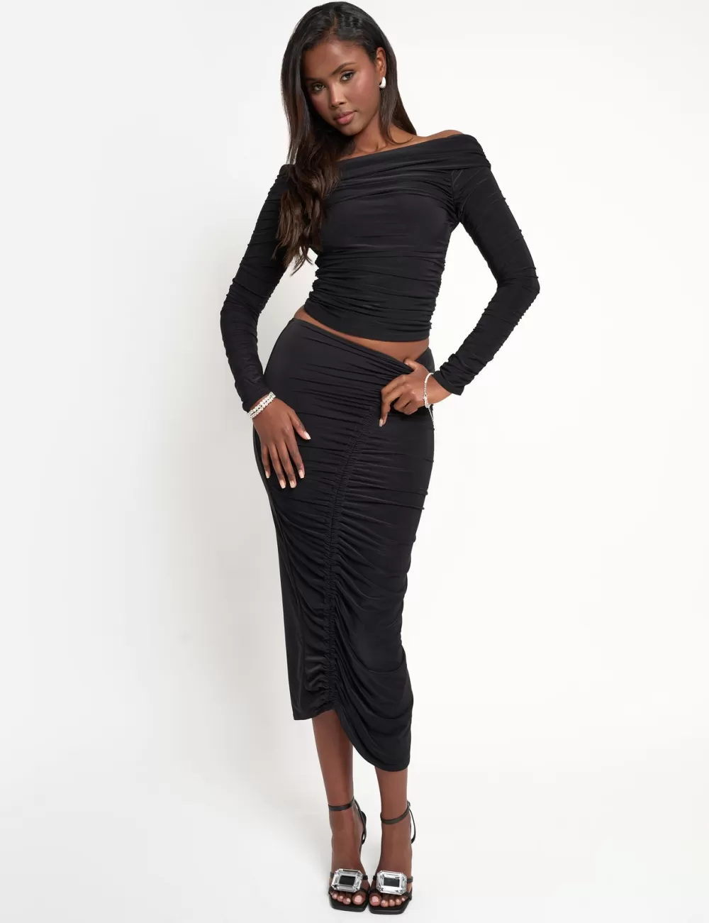 Cheap Public Desire Ruched Maxi Skirt Co Ord Black