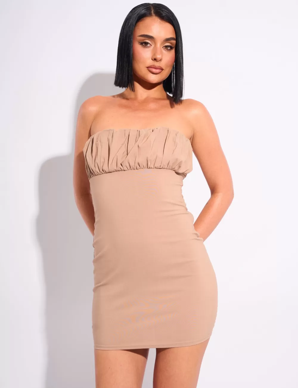 Best Public Desire Ruffle Bandeau Mini Dress Camel