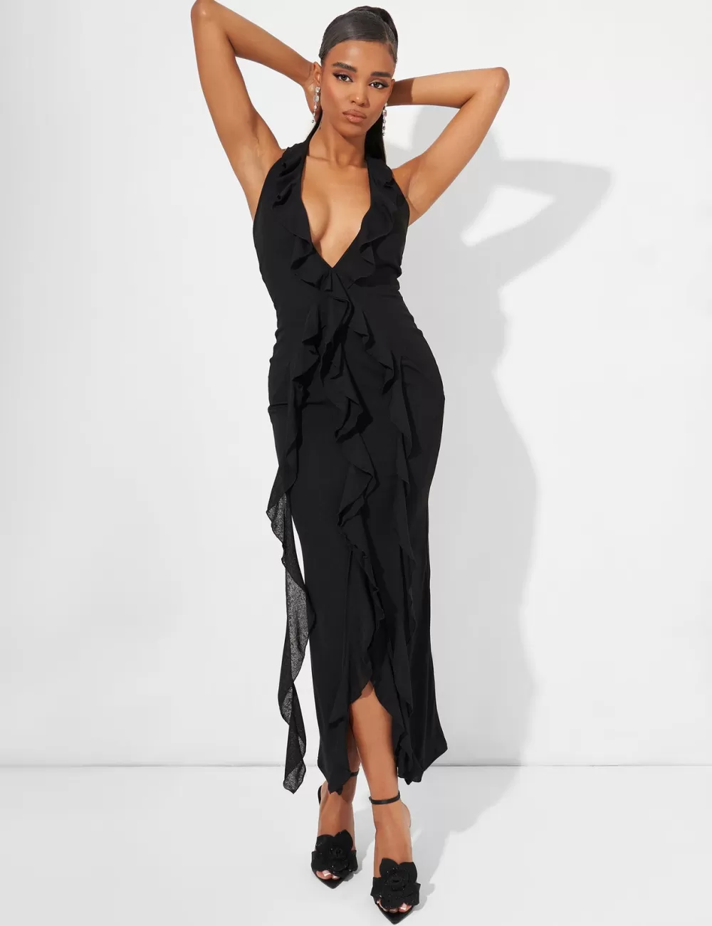 Fashion Public Desire Ruffle Detail Deep Plunge Maxi Dress in Black