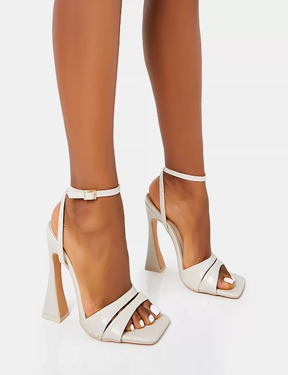Flash Sale Public Desire Saintly Ecru Croc Wrap Around the Ankle Barley There Square Toe Flared Block High Heels Neutral