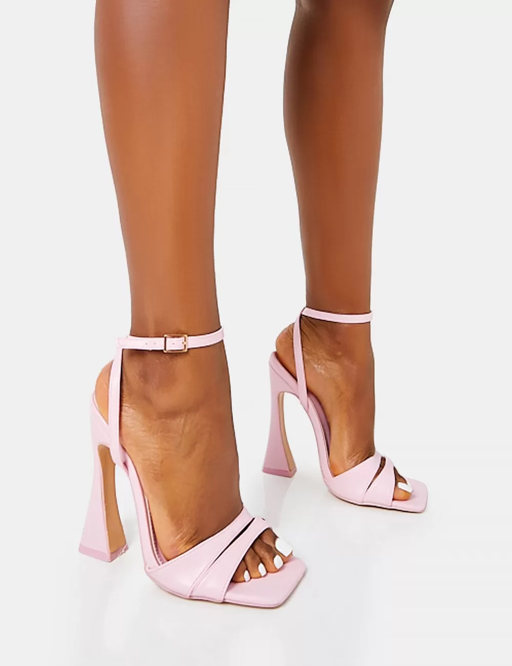 Cheap Public Desire Saintly Wide Fit Baby Pink Pu Wrap Around the Ankle Barley There Square Toe Flared Block High Heels