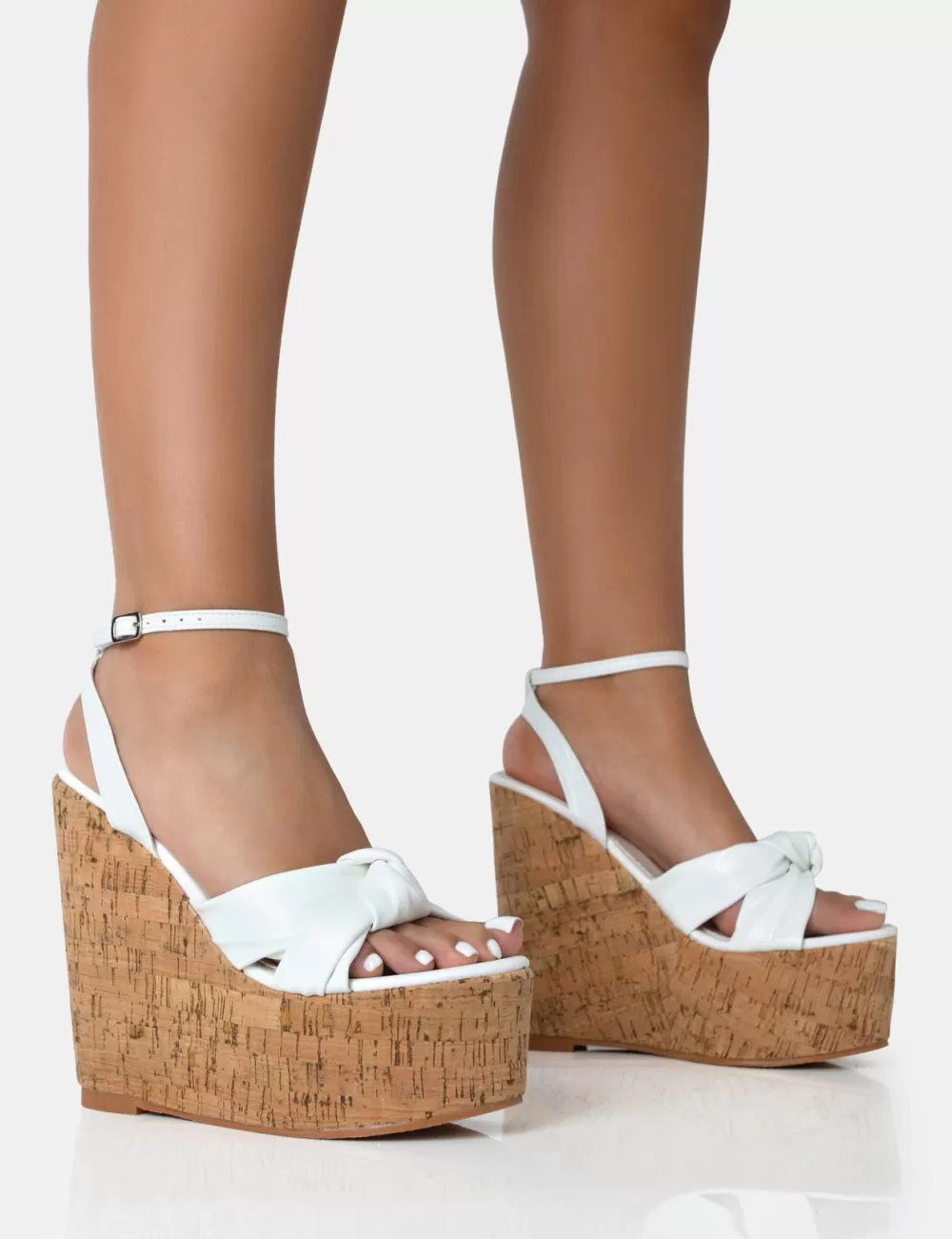 New Public Desire Sandy PU Knot Strap Round Toe Cork Wedge Heels White