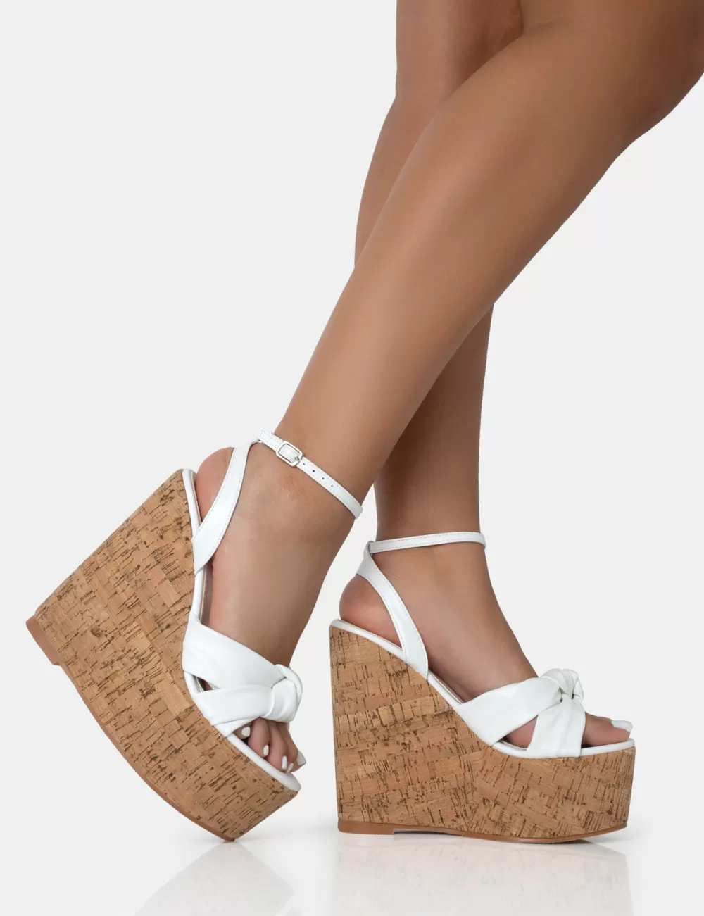 New Public Desire Sandy PU Knot Strap Round Toe Cork Wedge Heels White