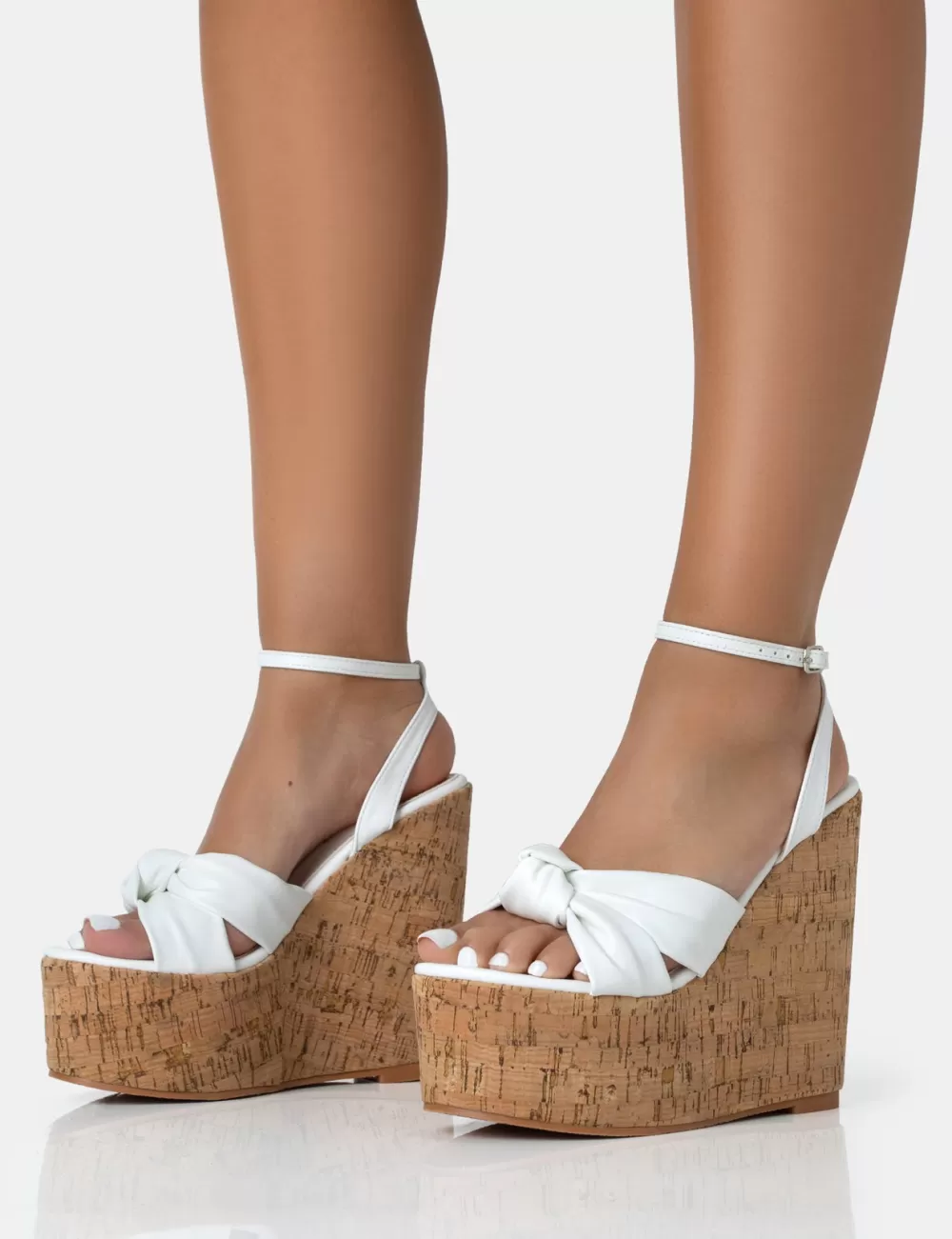 New Public Desire Sandy PU Knot Strap Round Toe Cork Wedge Heels White