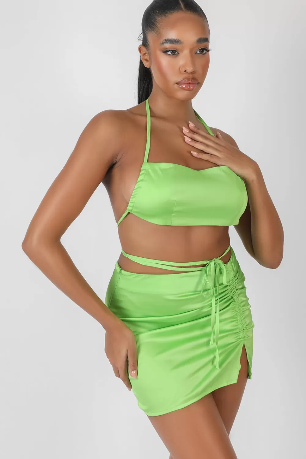 New Public Desire Satin Ruched Detail Mini Skirt Green