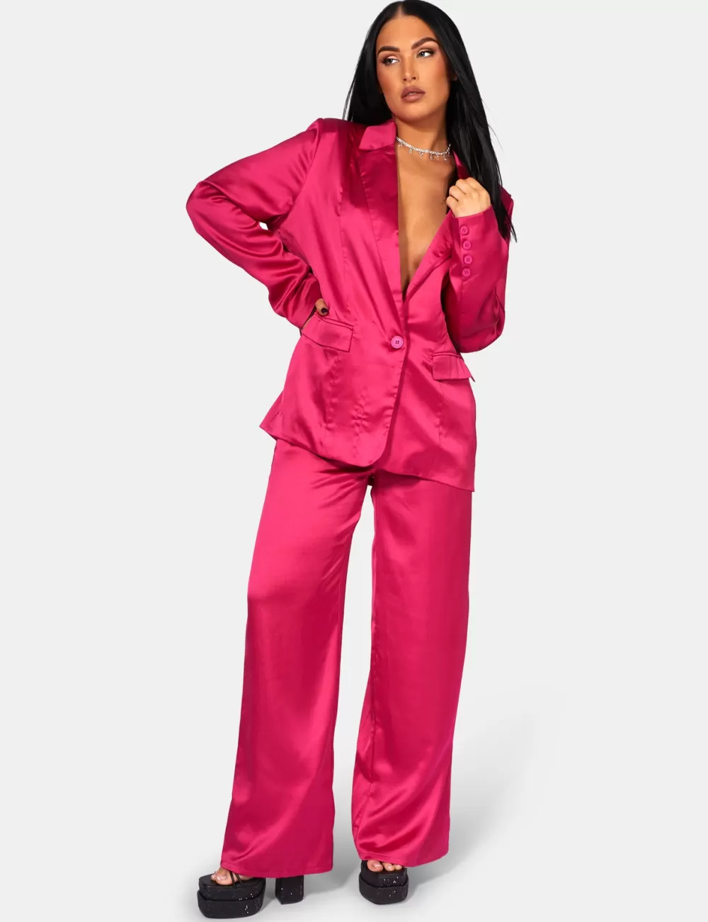 New Public Desire Satin Wide Leg Tailored Trousers Pink