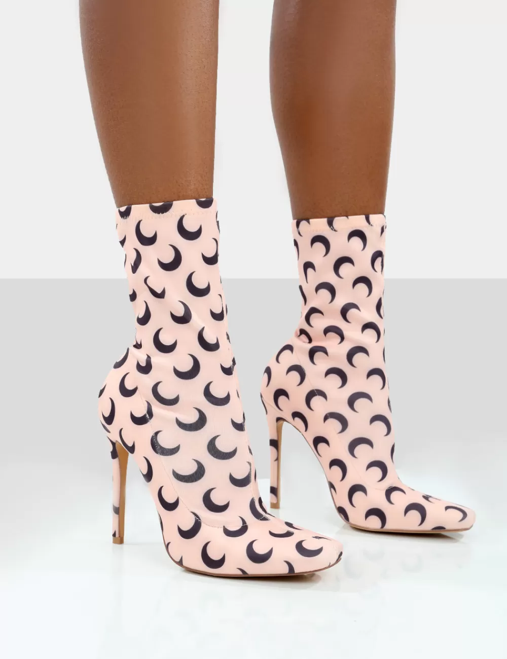 New Public Desire Saturn Return Pointed Toe Stiletto Printed Sock Boots Pink