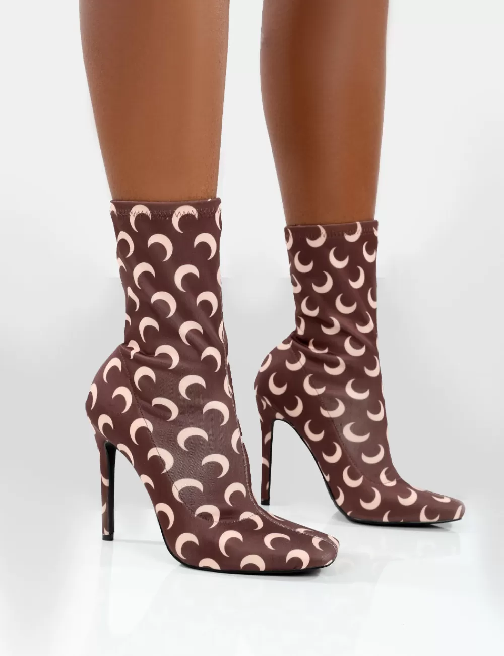 Best Public Desire Saturn Return Wide Fit Pointed Toe Stiletto Printed Sock Boots Brown