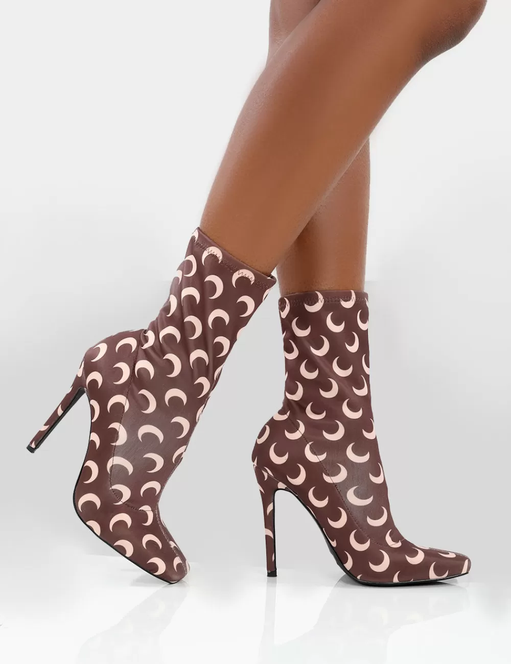Best Public Desire Saturn Return Wide Fit Pointed Toe Stiletto Printed Sock Boots Brown