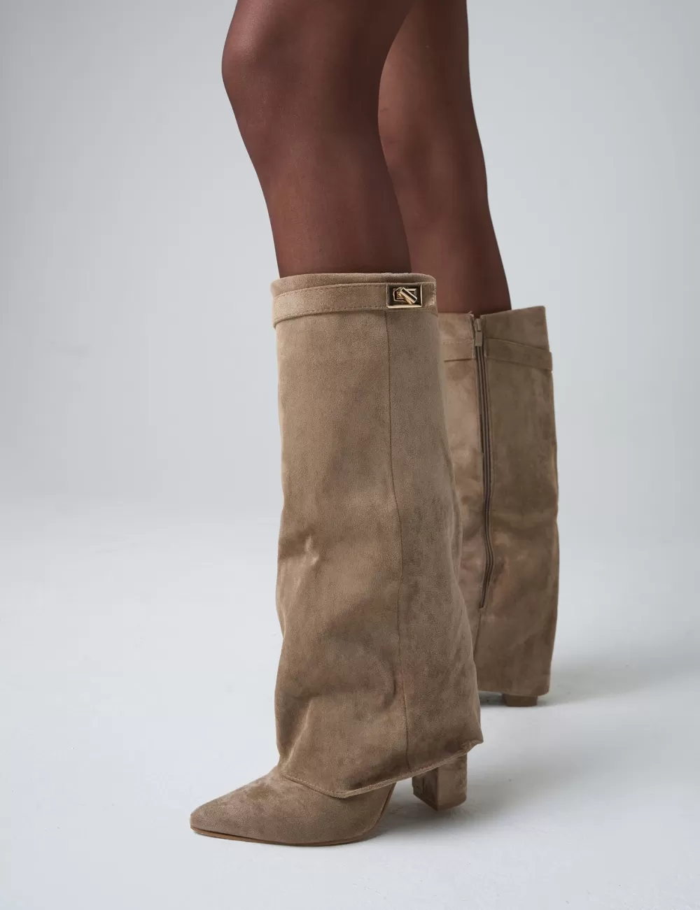 Shop Public Desire Say Yes Faux Suede Padlock Fold Over Knee High Boots Beige
