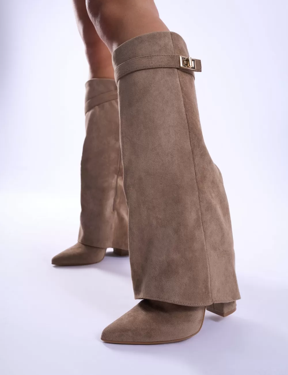 Shop Public Desire Say Yes Faux Suede Padlock Fold Over Knee High Boots Beige