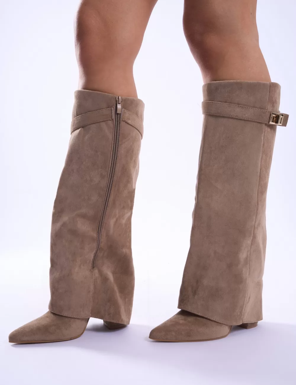 Shop Public Desire Say Yes Faux Suede Padlock Fold Over Knee High Boots Beige