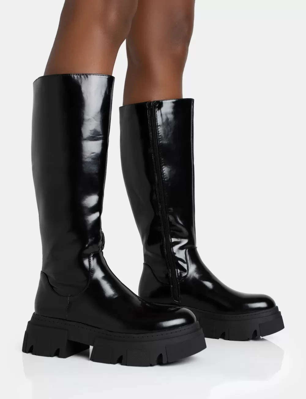 Outlet Public Desire Scorpio Rubberised Pu Rounded Toe Chunky Sole Knee High Boots Black