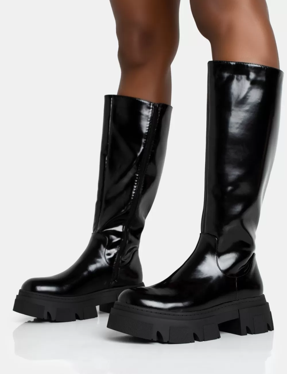 Outlet Public Desire Scorpio Rubberised Pu Rounded Toe Chunky Sole Knee High Boots Black