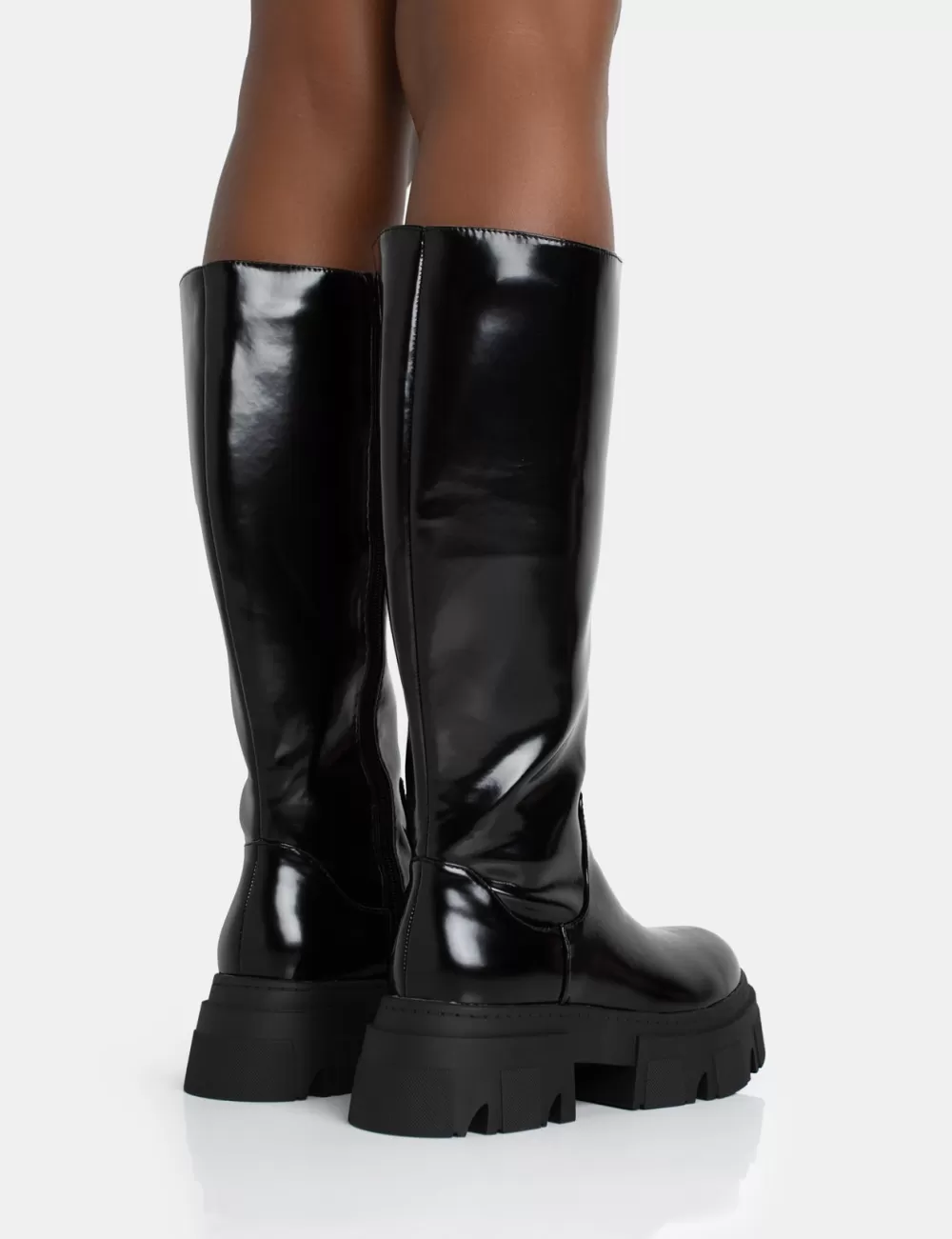Outlet Public Desire Scorpio Rubberised Pu Rounded Toe Chunky Sole Knee High Boots Black