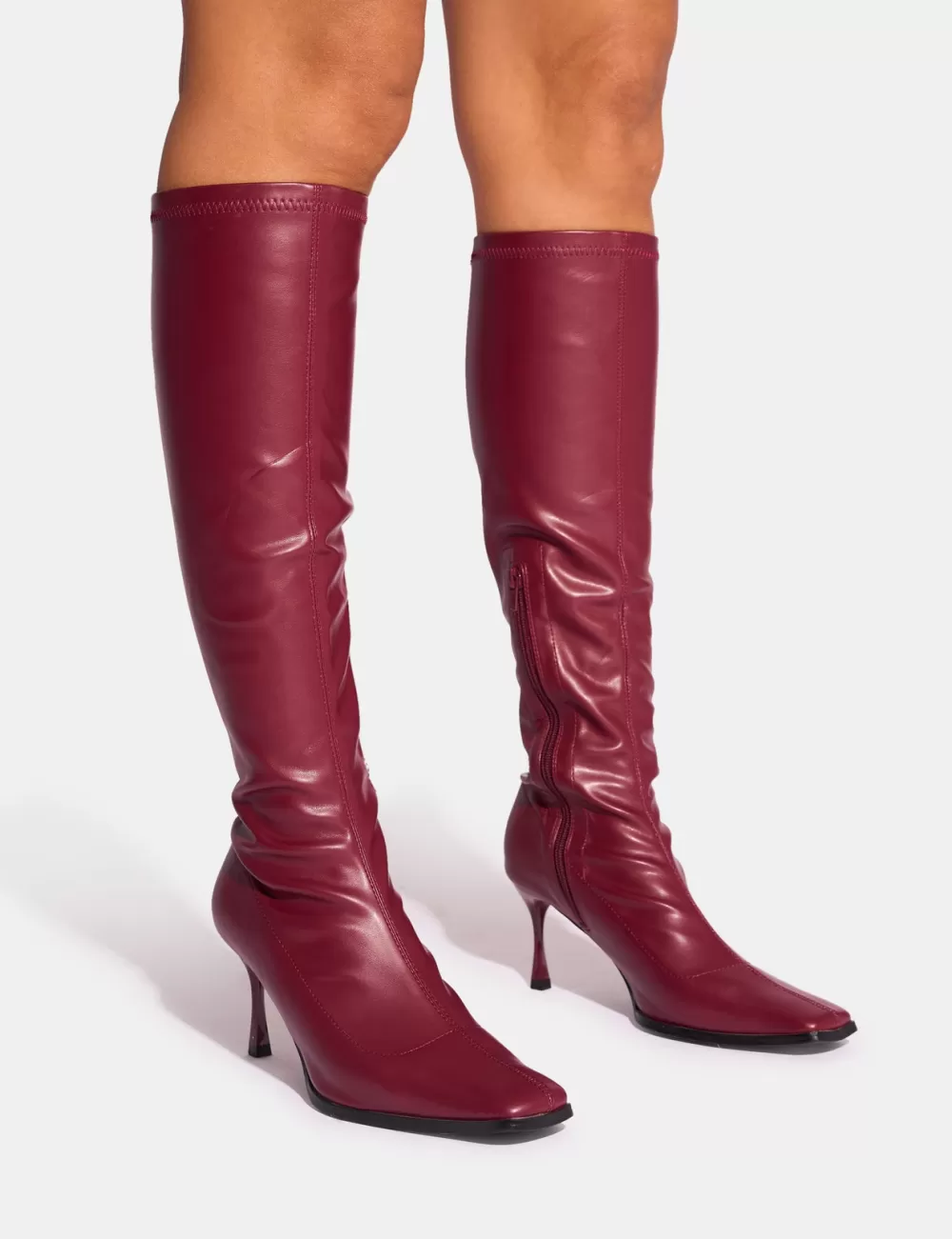 Hot Public Desire Scorpion Mid Heel Sock Knee High Boots Burgundy