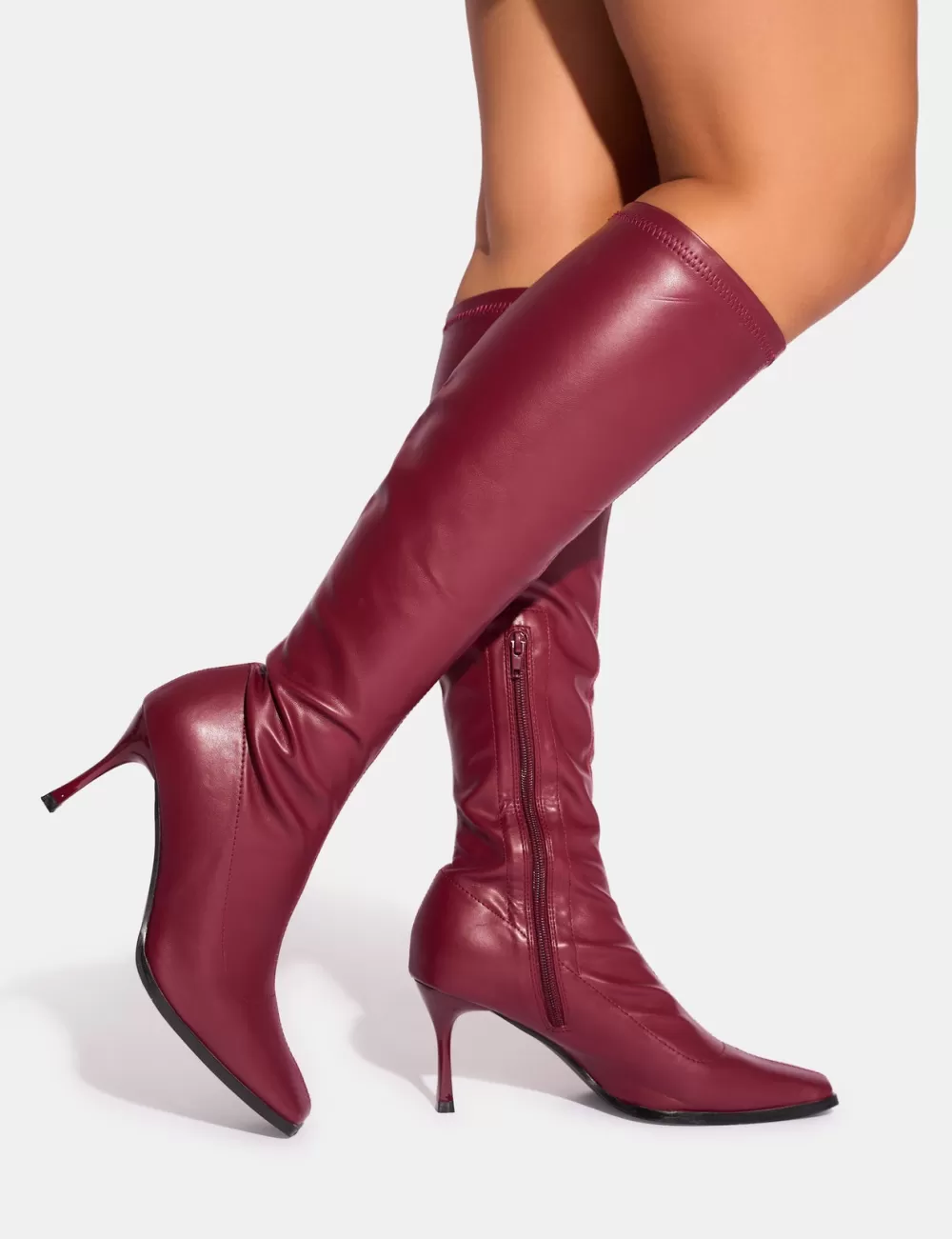 Hot Public Desire Scorpion Mid Heel Sock Knee High Boots Burgundy
