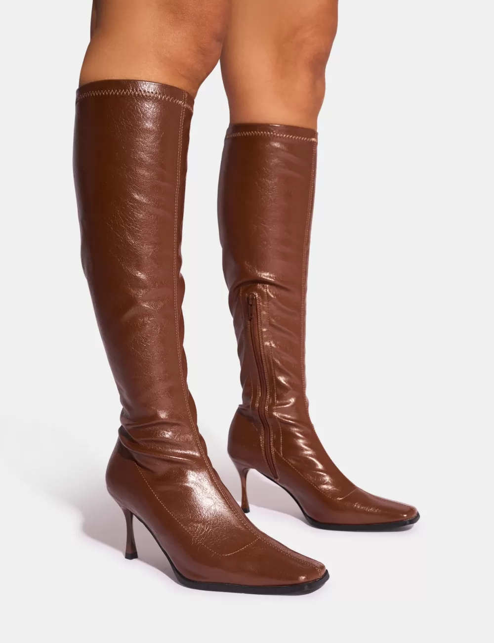Best Public Desire Scorpion Chocolate Mid Heel Sock Knee High Boots Brown