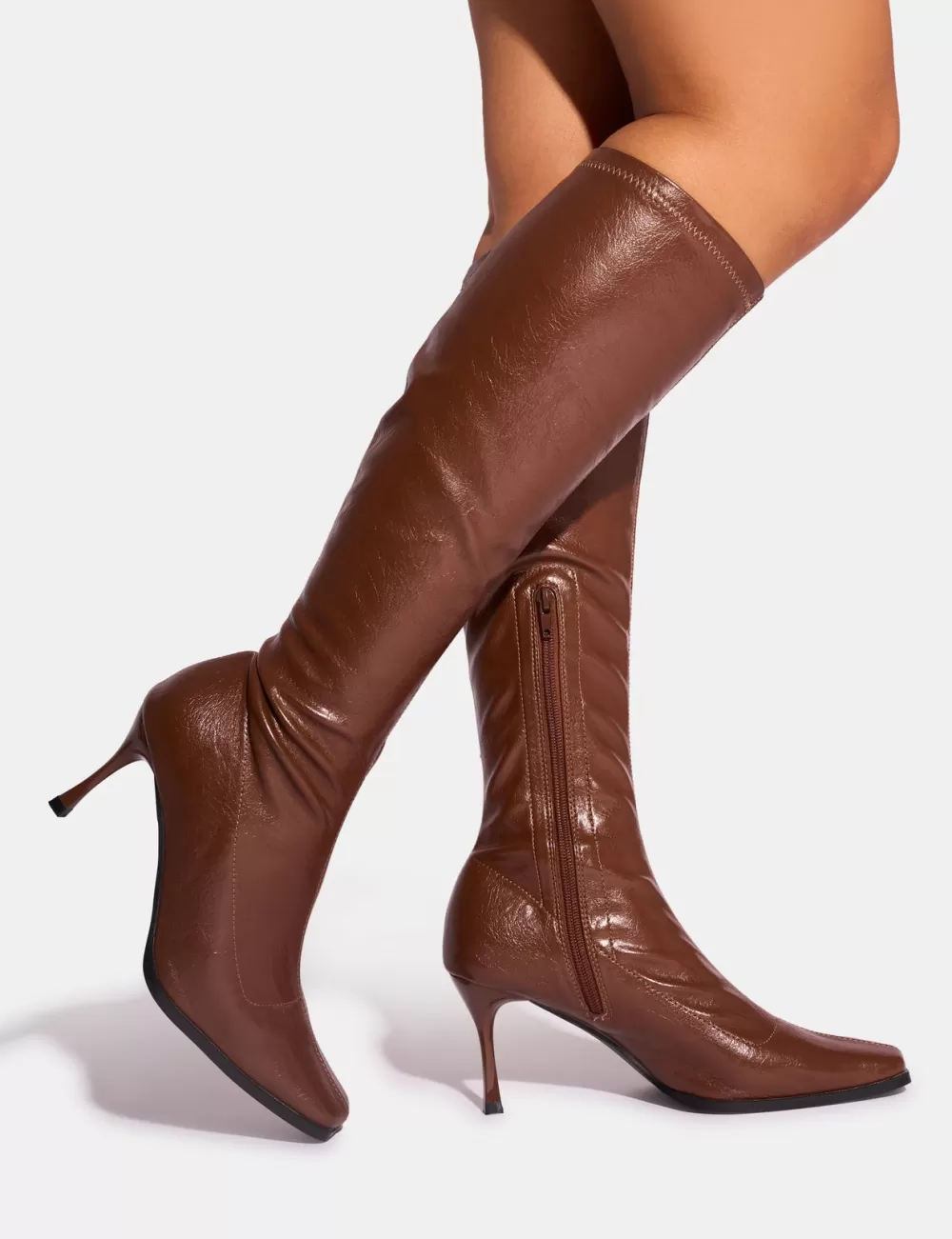 Best Public Desire Scorpion Chocolate Mid Heel Sock Knee High Boots Brown