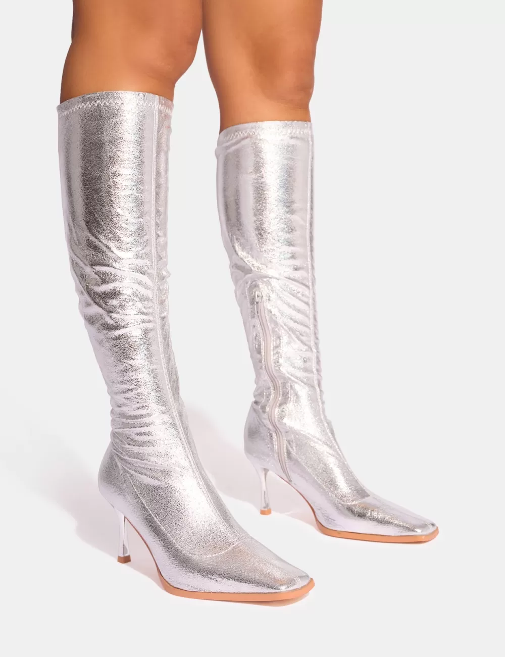 Online Public Desire Scorpion Cracked Mid Heel Sock Knee High Boots Silver