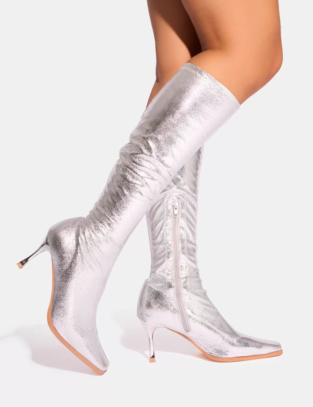 Online Public Desire Scorpion Cracked Mid Heel Sock Knee High Boots Silver