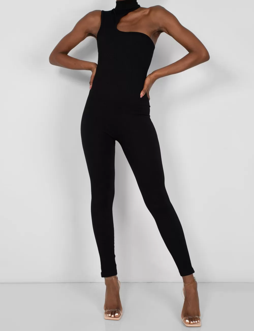 Hot Public Desire Seamless Asymmetric Neck Jumpsuit Unitard Black