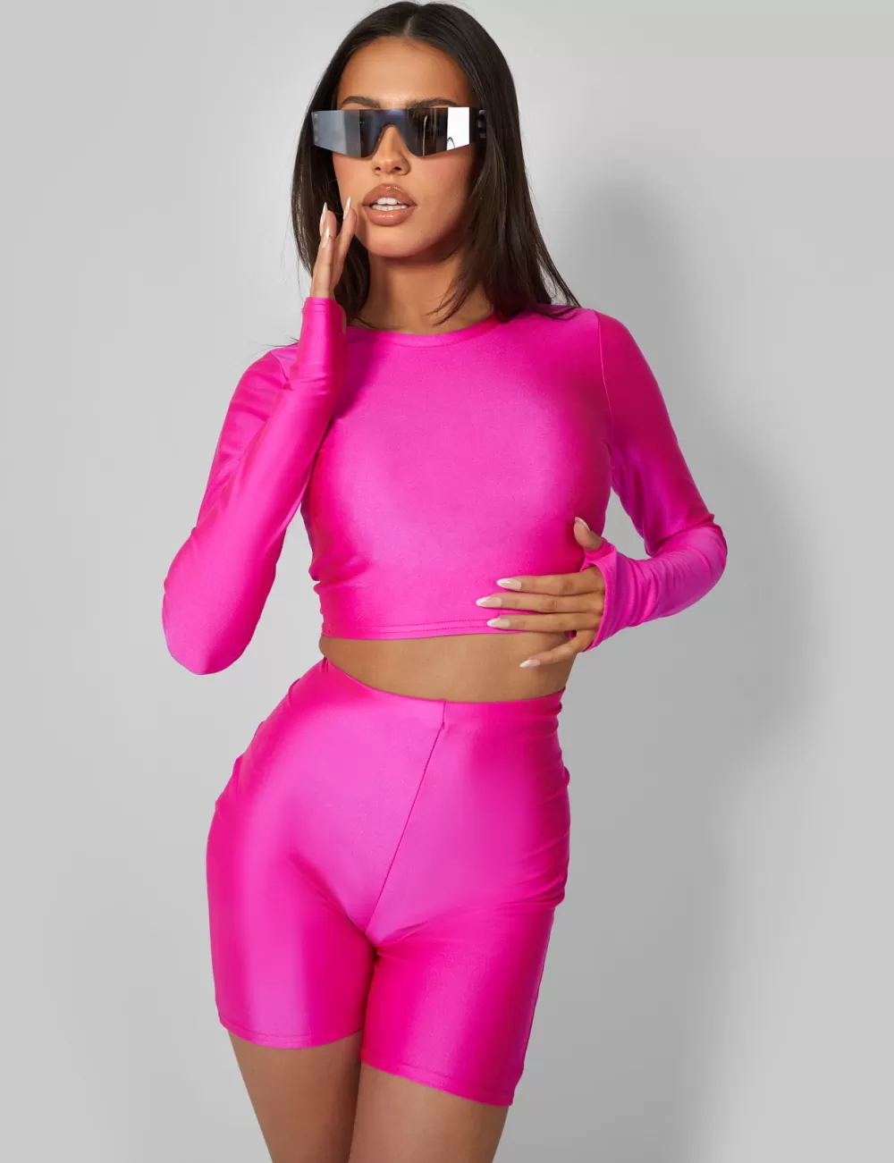 Hot Public Desire Second Skin Long Sleeve Fitted T-shirt Hot Pink