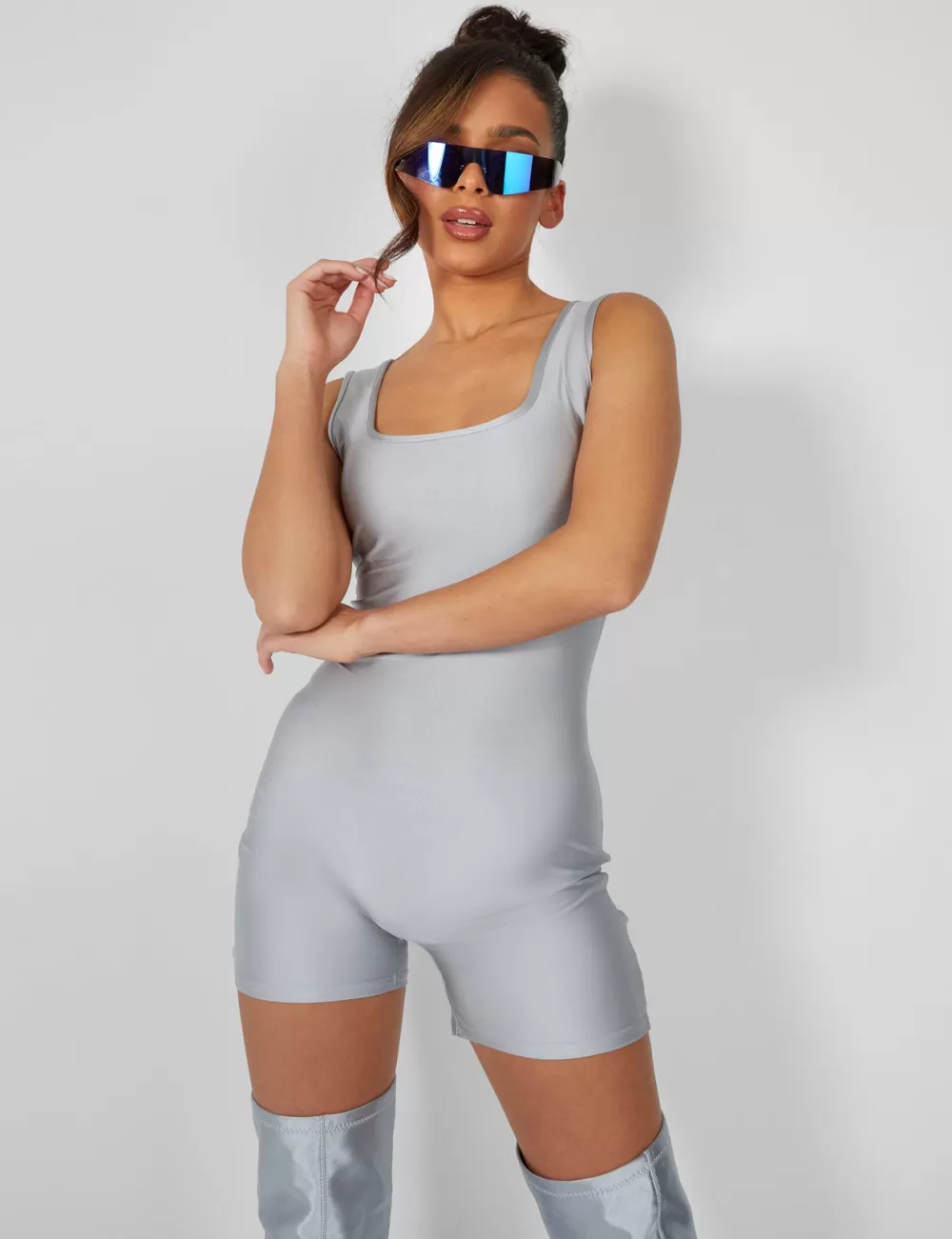 Fashion Public Desire Second Skin Square Neck Unitard Grey