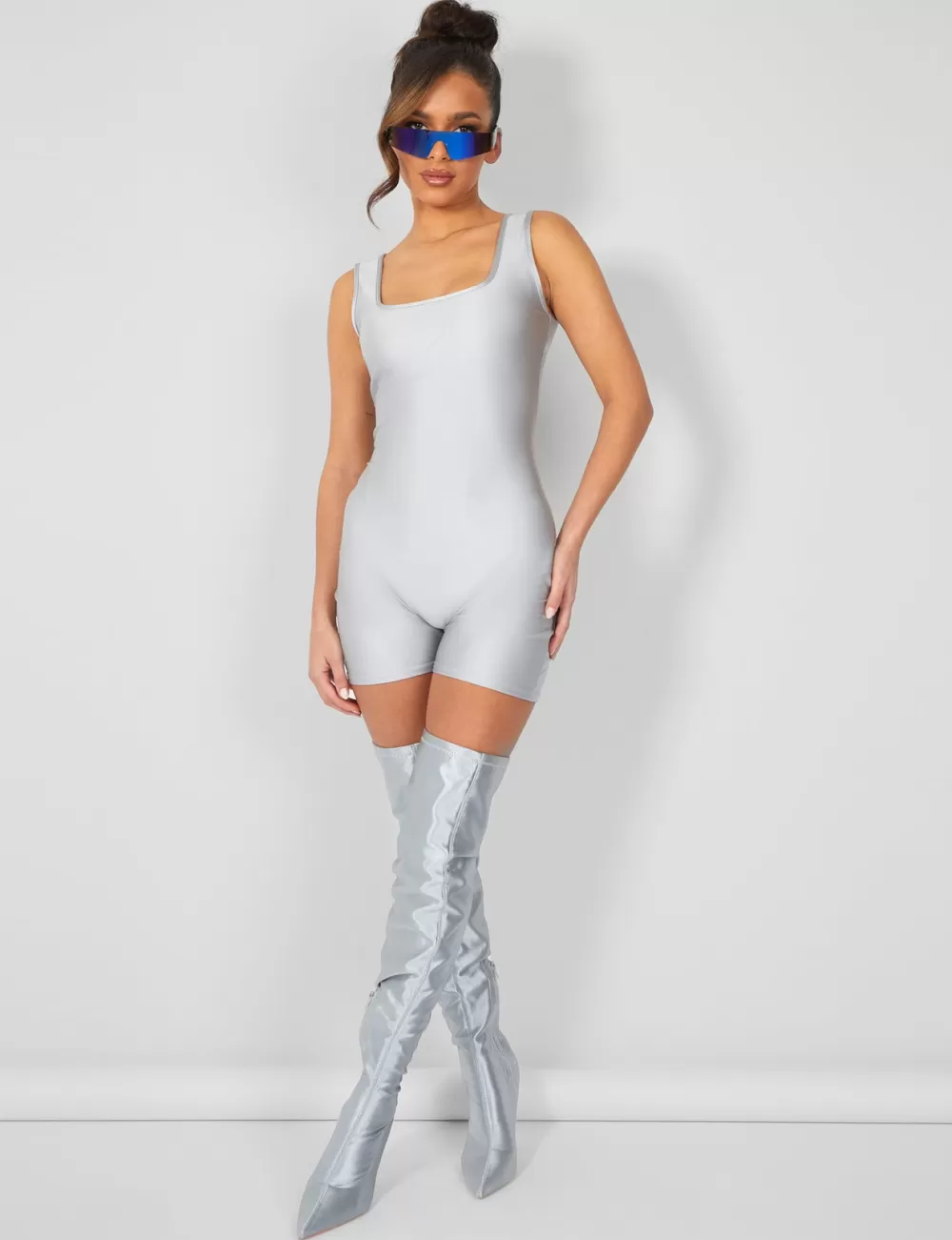 Fashion Public Desire Second Skin Square Neck Unitard Grey