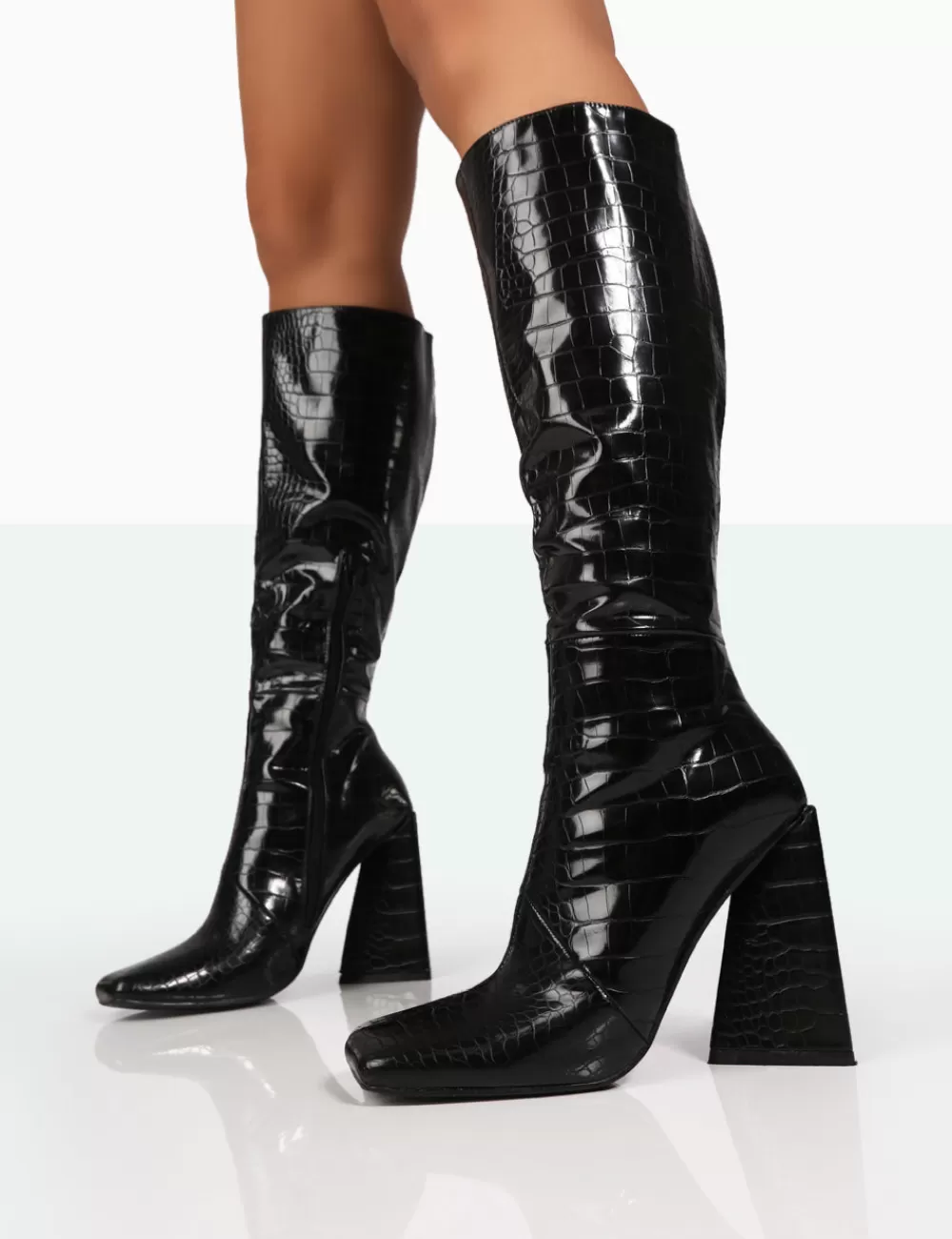 Best Sale Public Desire Senna Patent Croc Knee High Block Heel Boots Black