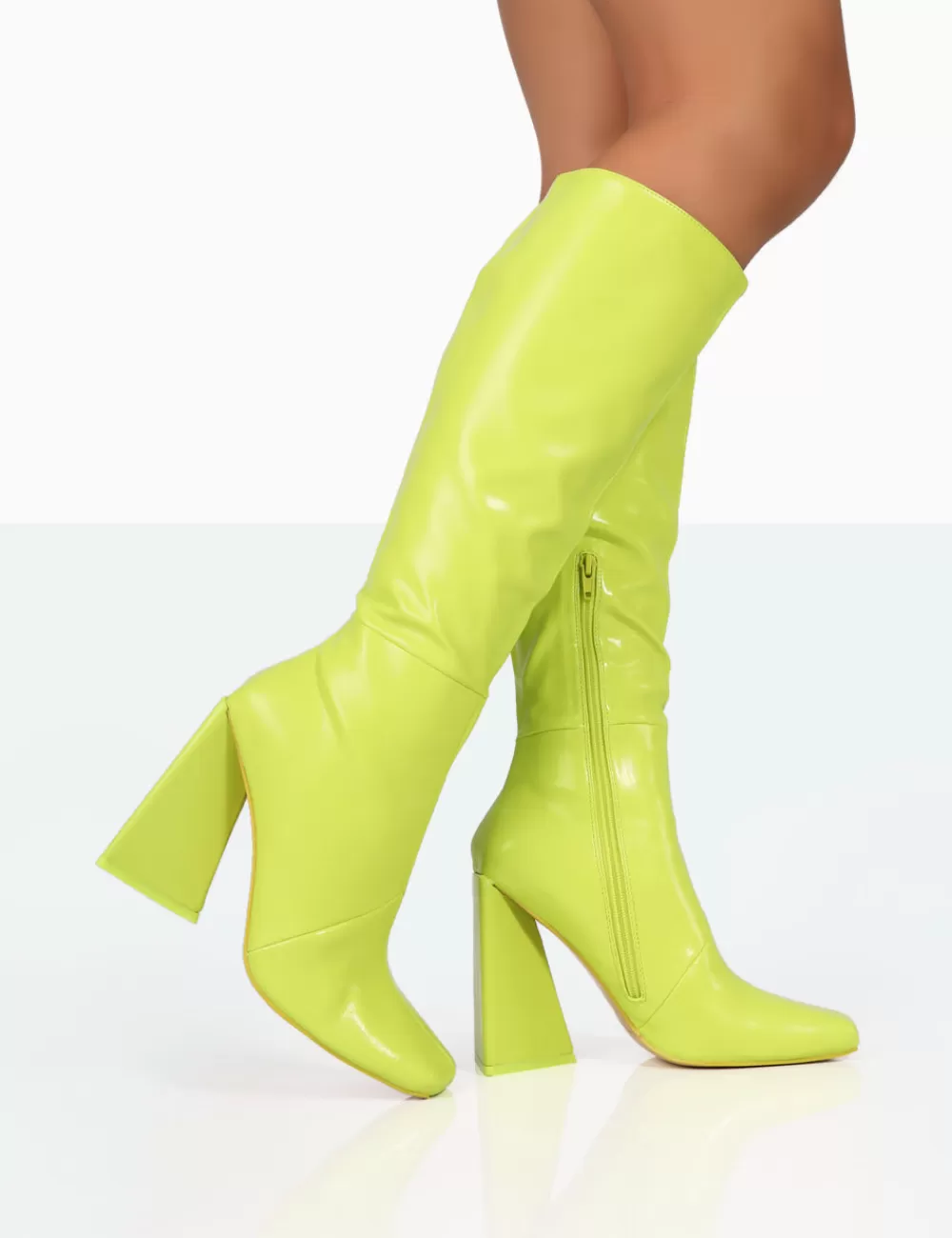 Cheap Public Desire Senna Lime Pu Knee High Block Heel Boots Green