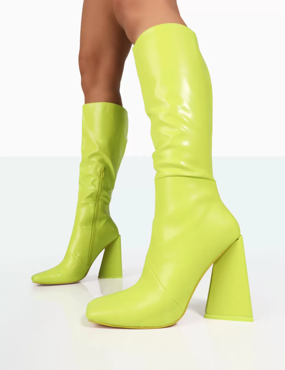 Cheap Public Desire Senna Lime Pu Knee High Block Heel Boots Green