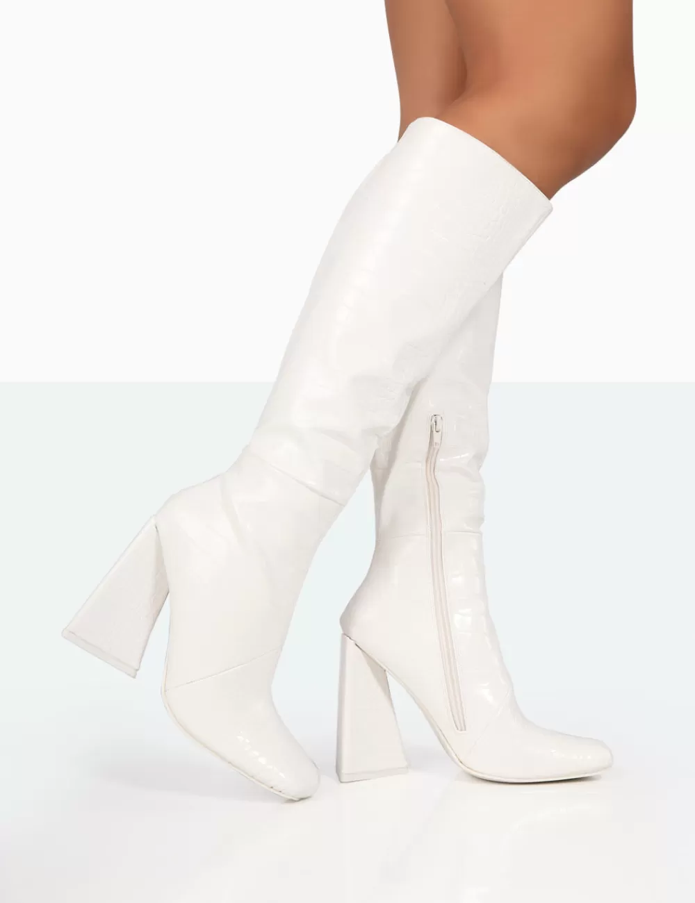 Clearance Public Desire Senna Croc Pu Knee High Block Heel Boots White