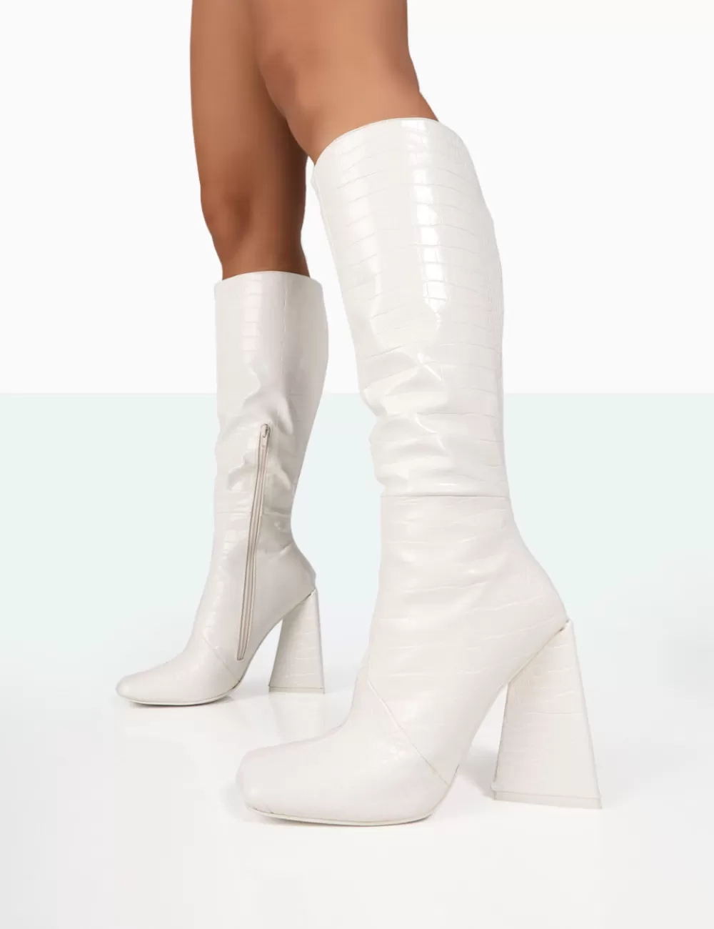 Clearance Public Desire Senna Croc Pu Knee High Block Heel Boots White