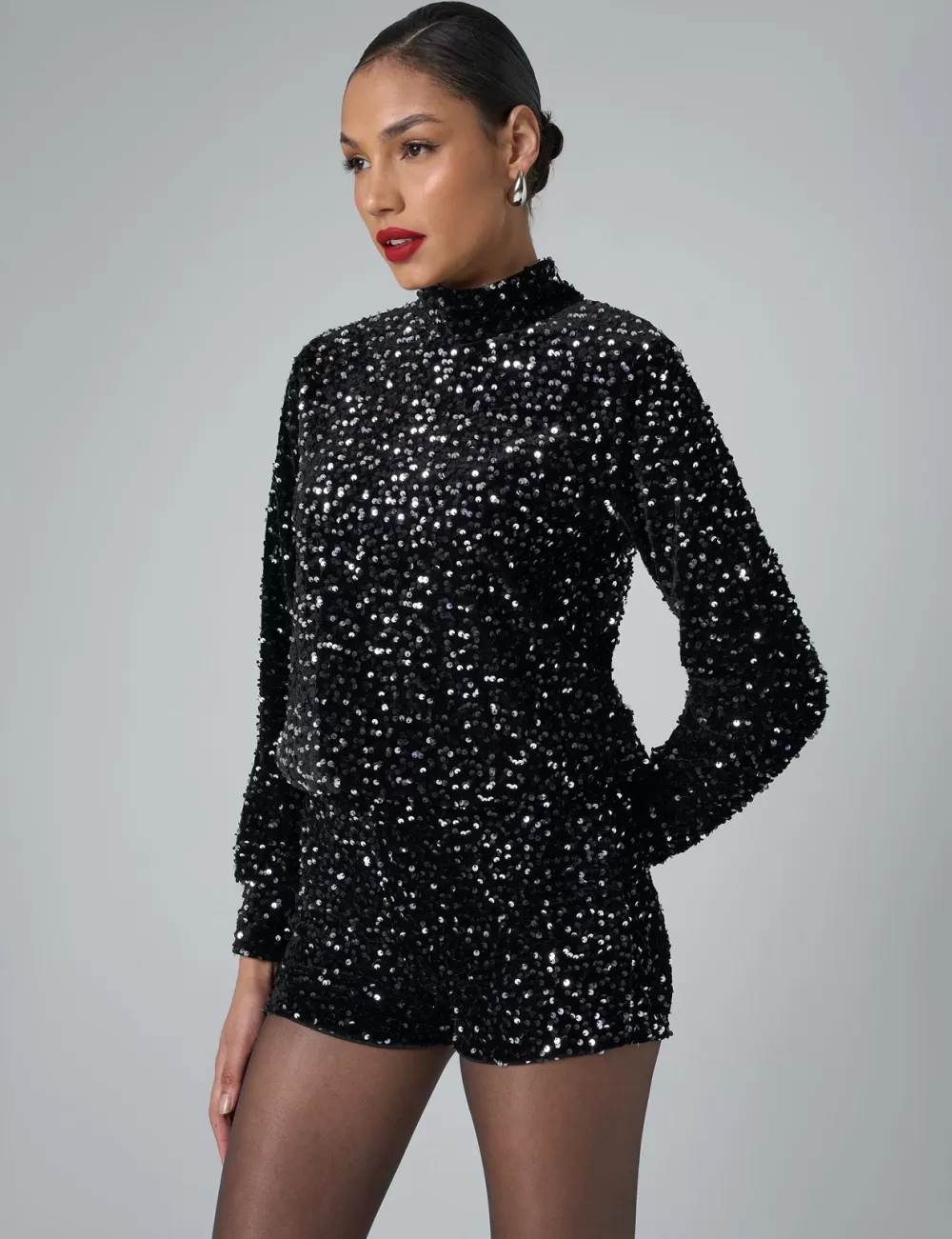 New Public Desire Sequin High Neck Long Sleeve Top Black