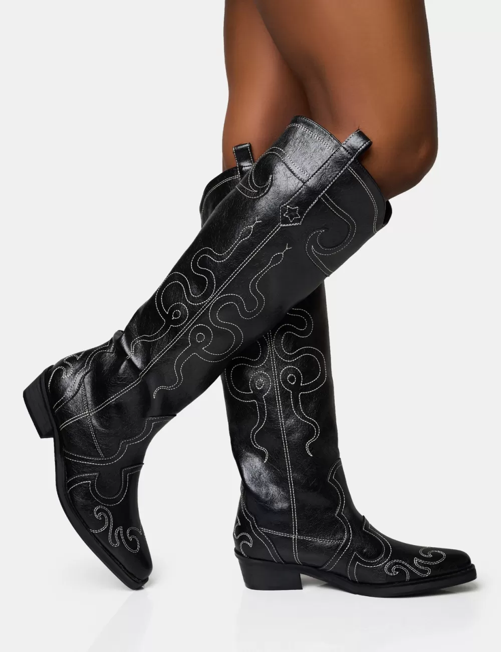 Sale Public Desire Serpentine Snake Embroidered Flat Knee High Western Boots Black