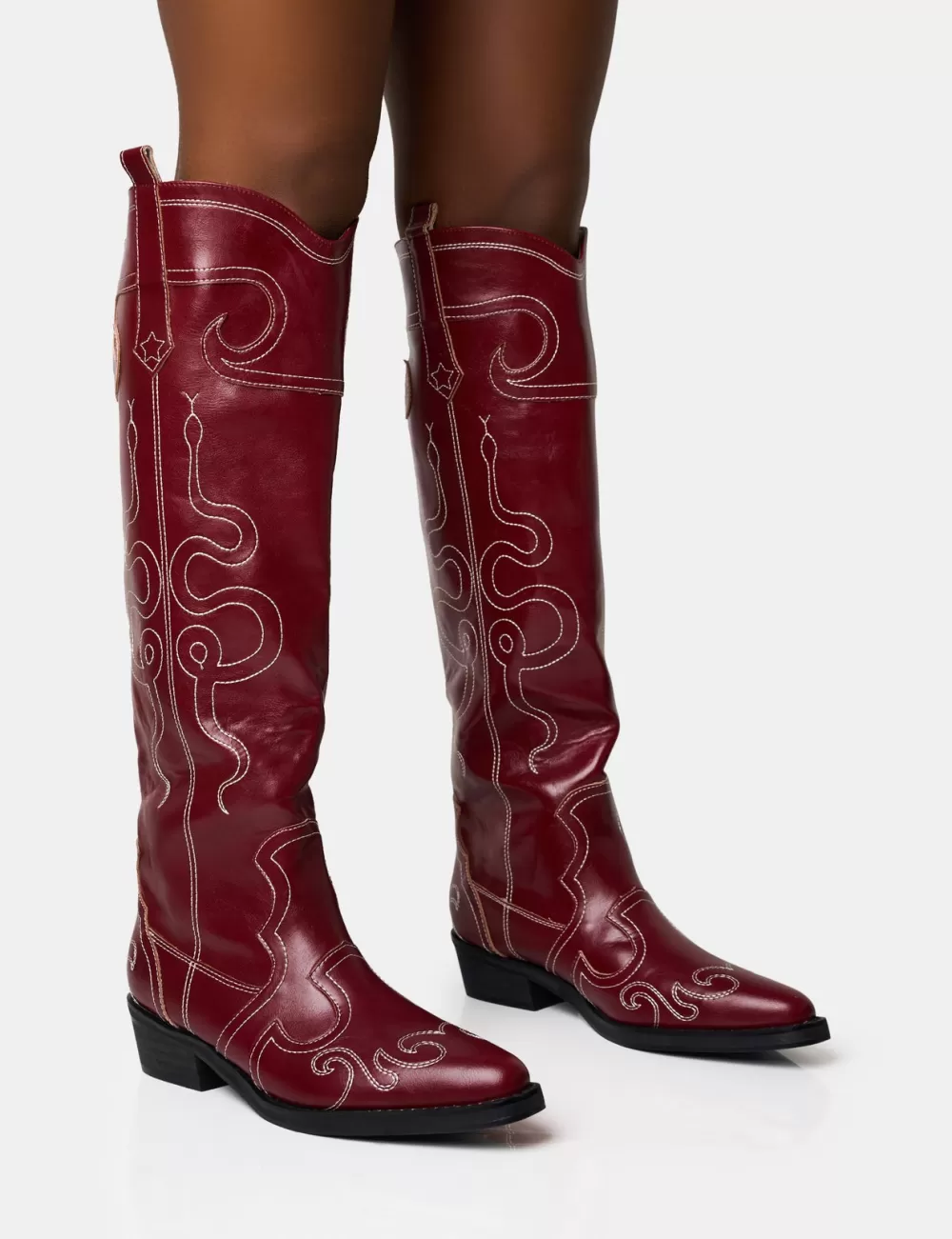 Hot Public Desire Serpentine Burgundy Wide Fit Snake Flat Knee High Western Boots
