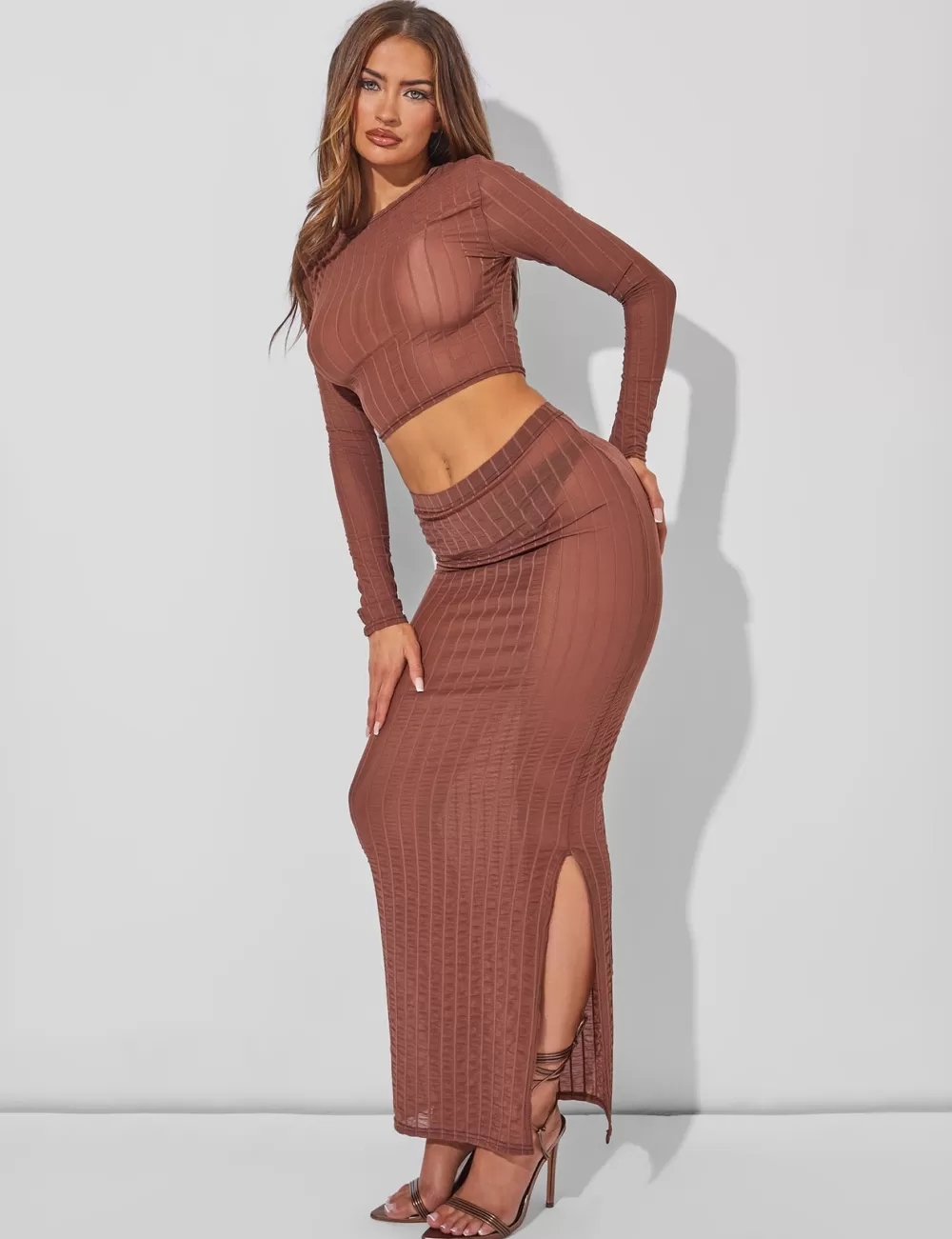 Best Public Desire Sheer Maxi Skirt Co Ord Brown