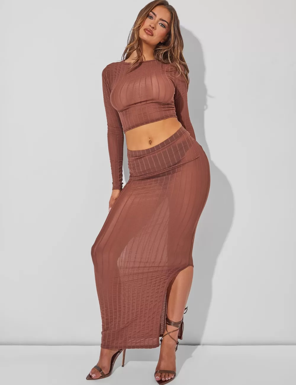 Best Public Desire Sheer Maxi Skirt Co Ord Brown