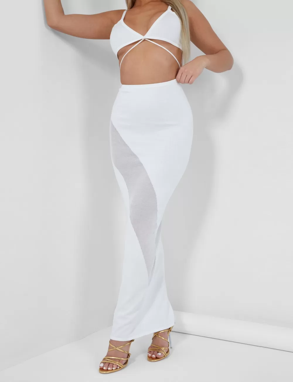 Cheap Public Desire Sheer Panelled Mesh Knitted Maxi Skirt Ivory