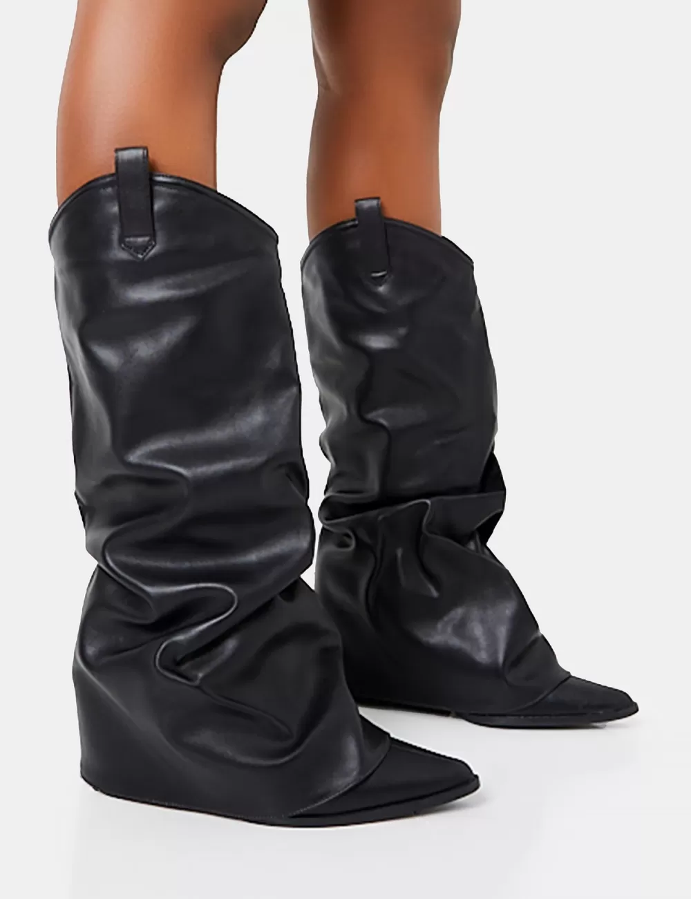 Flash Sale Public Desire Sheriff Pu Western Inspired Fold Over Pointed Toe Block Heeled Cowboy Knee High Boots Black