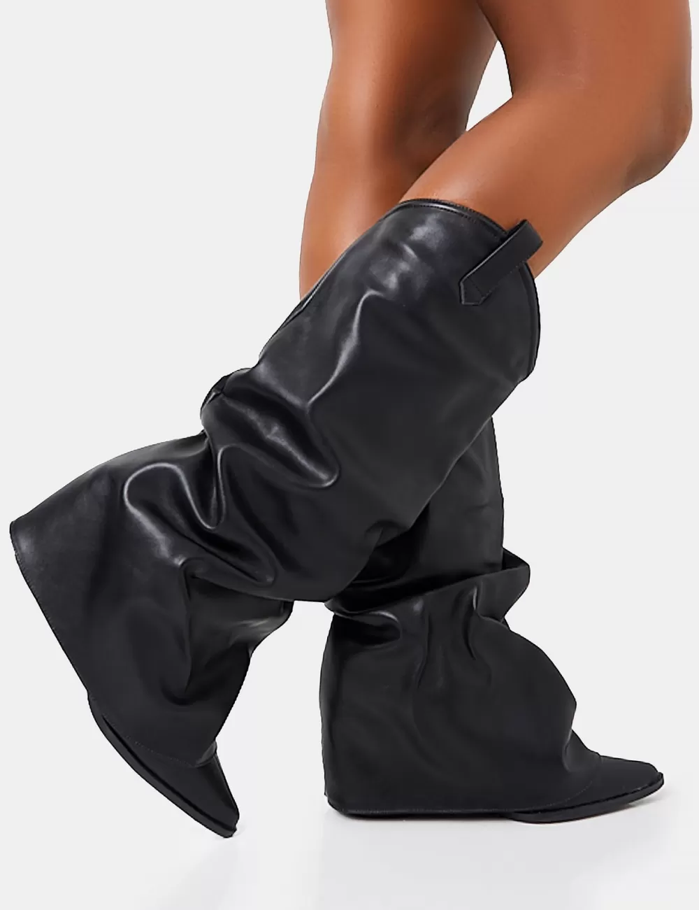 Flash Sale Public Desire Sheriff Pu Western Inspired Fold Over Pointed Toe Block Heeled Cowboy Knee High Boots Black