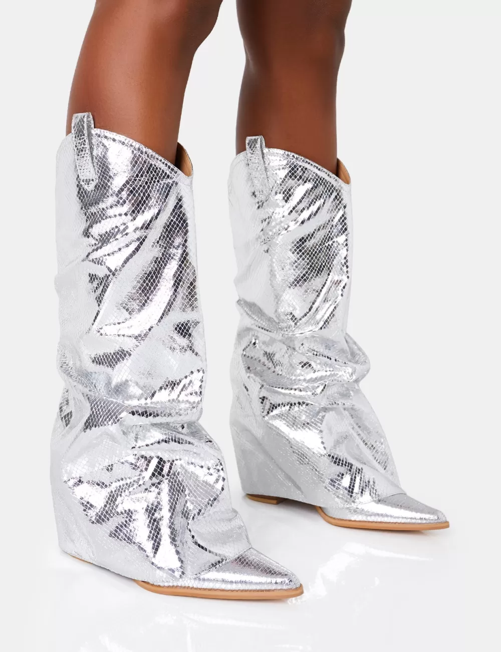 Online Public Desire Sheriff Metallic Western Fold Over Block Cowboy Knee High Boots Silver