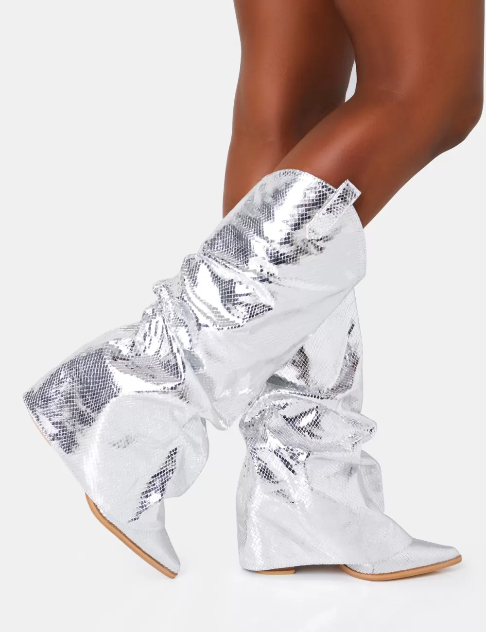 Online Public Desire Sheriff Metallic Western Fold Over Block Cowboy Knee High Boots Silver