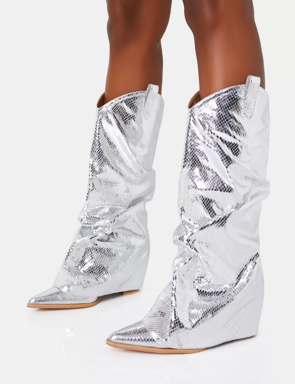 Online Public Desire Sheriff Metallic Western Fold Over Block Cowboy Knee High Boots Silver